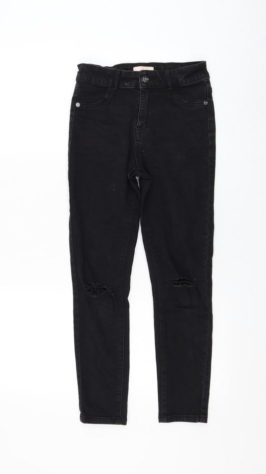 Lipsy Girls Black Cotton Skinny Jeans Size 12 Years Regular Zip - Distressed