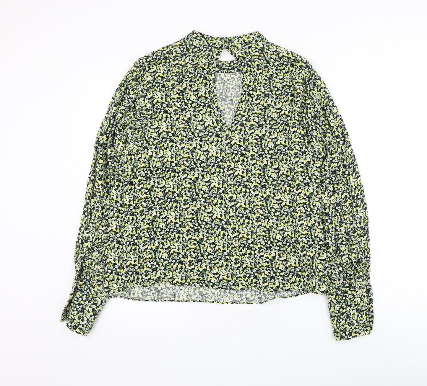 H&M Womens Green Floral Viscose Basic Blouse Size M Round Neck