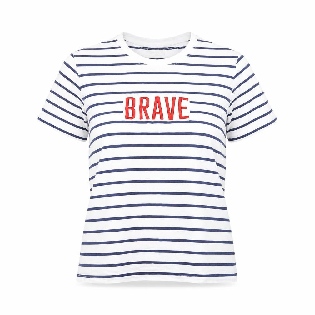 Springfield Womens White Striped Polyester Basic T-Shirt Size L Round Neck - Brave