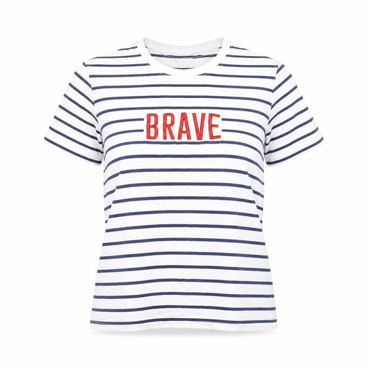 Springfield Womens White Striped Polyester Basic T-Shirt Size L Round Neck - Brave