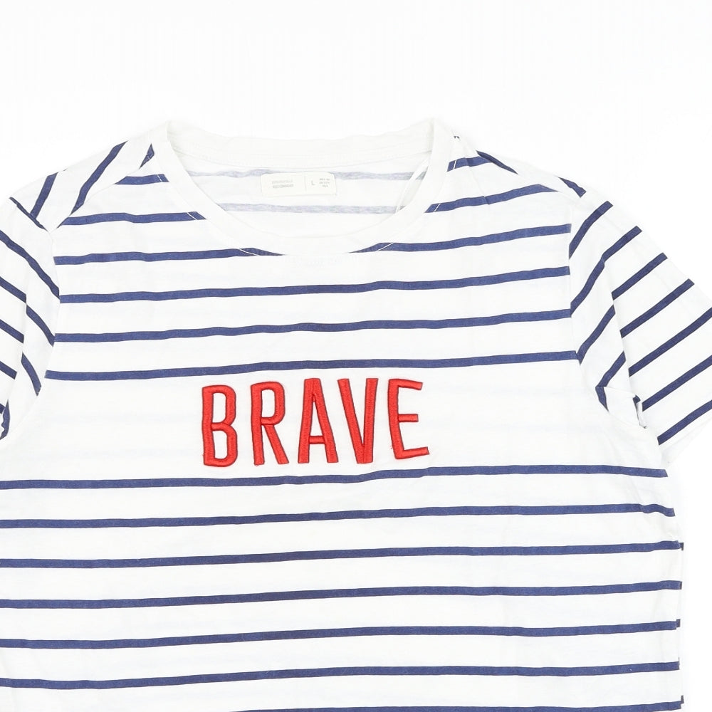 Springfield Womens White Striped Polyester Basic T-Shirt Size L Round Neck - Brave