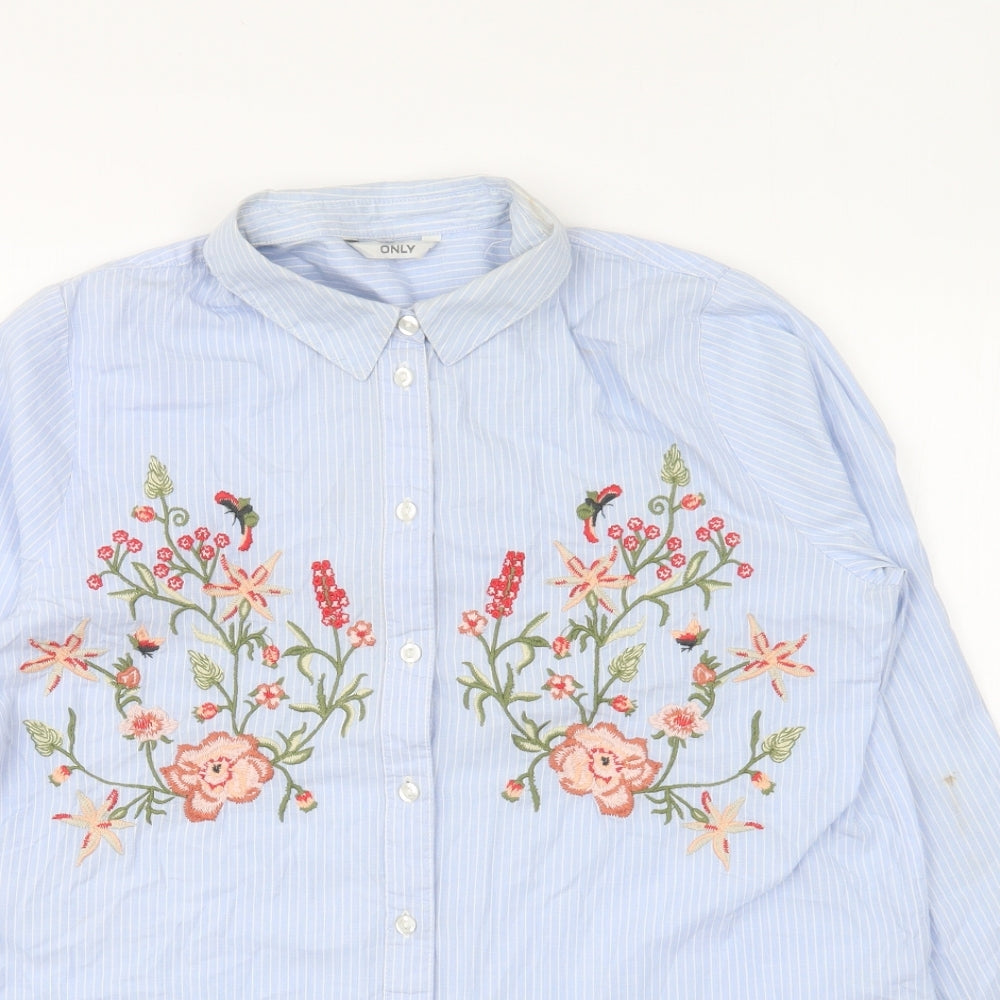 Only Womens Blue Striped Polyester Basic Button-Up Size 8 Collared