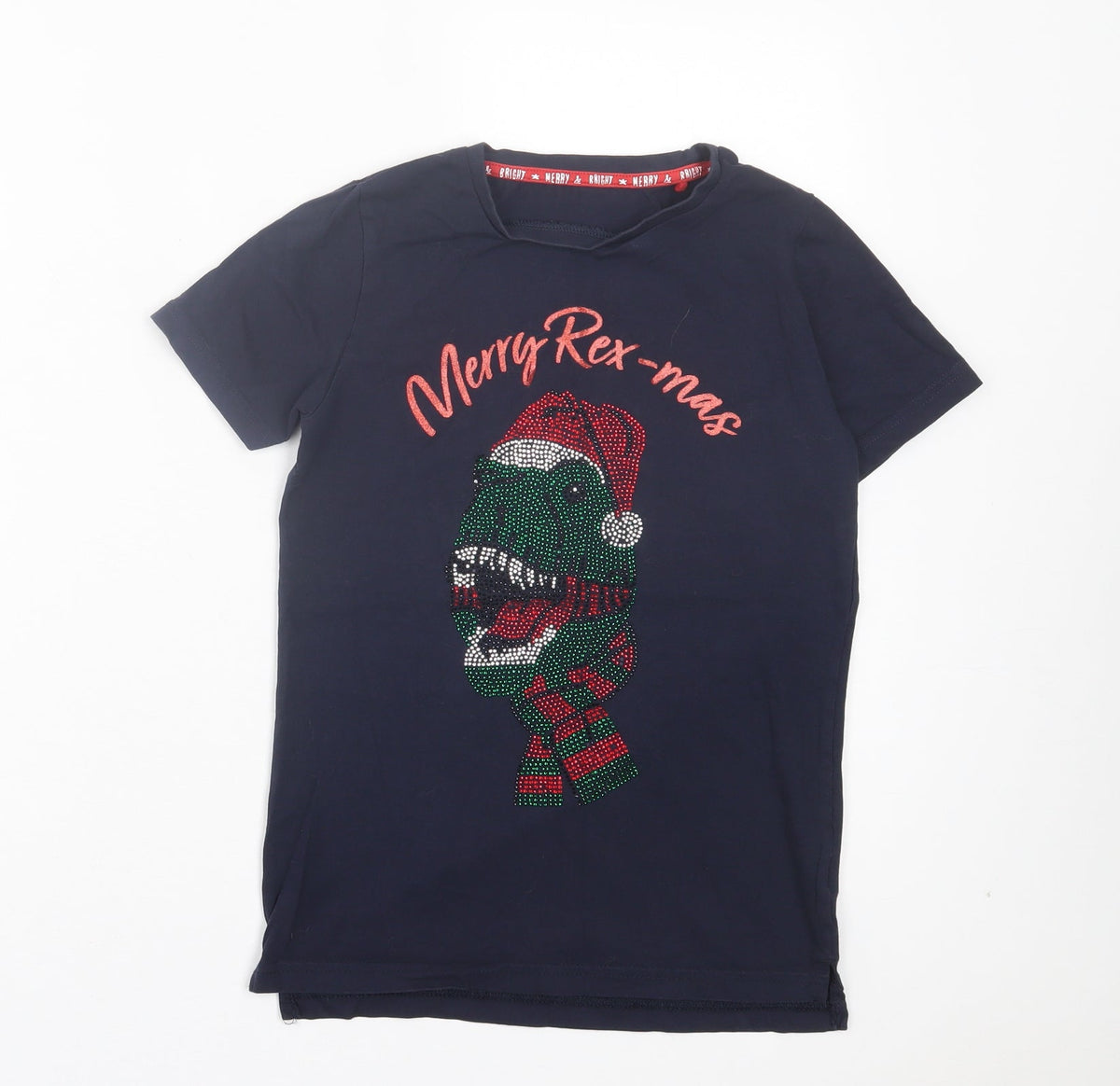 TU Boys Blue Cotton Basic T-Shirt Size 9 Years Crew Neck Pullover - Merry Rex-Mas