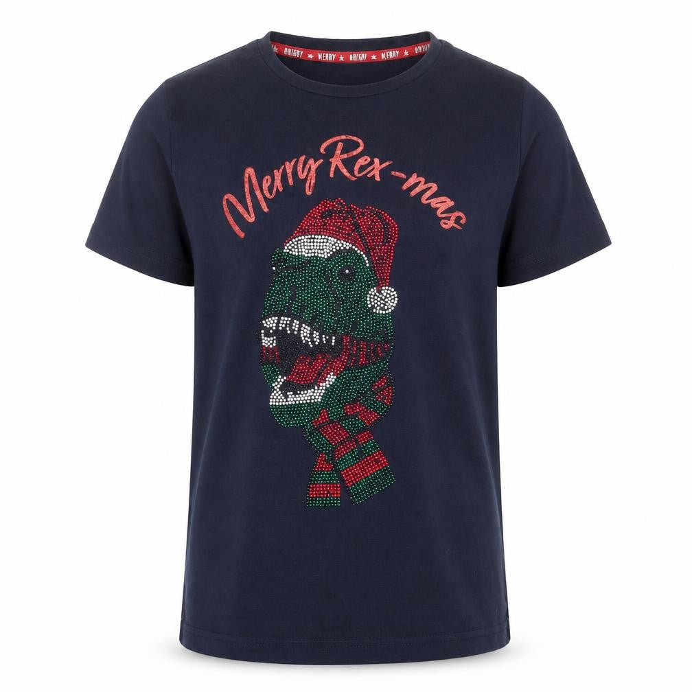 TU Boys Blue Cotton Basic T-Shirt Size 9 Years Crew Neck Pullover - Merry Rex-Mas