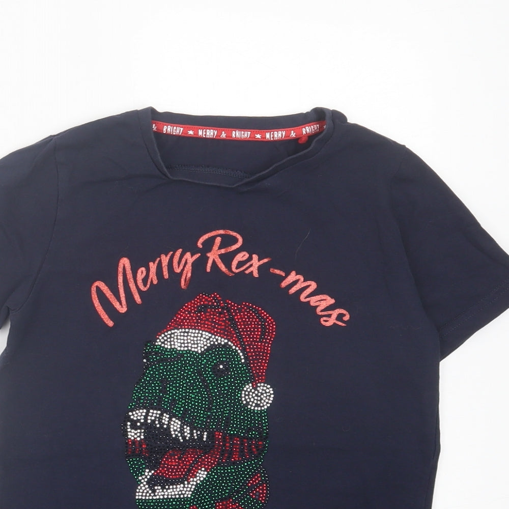 TU Boys Blue Cotton Basic T-Shirt Size 9 Years Crew Neck Pullover - Merry Rex-Mas