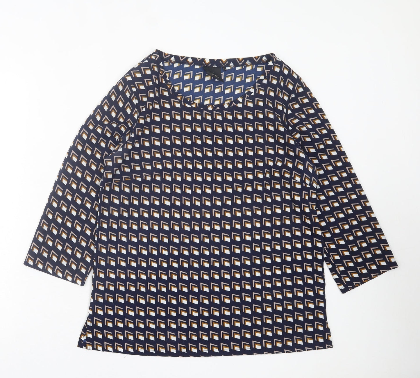 ICHI Womens Blue Geometric Polyester Basic T-Shirt Size 12 Crew Neck