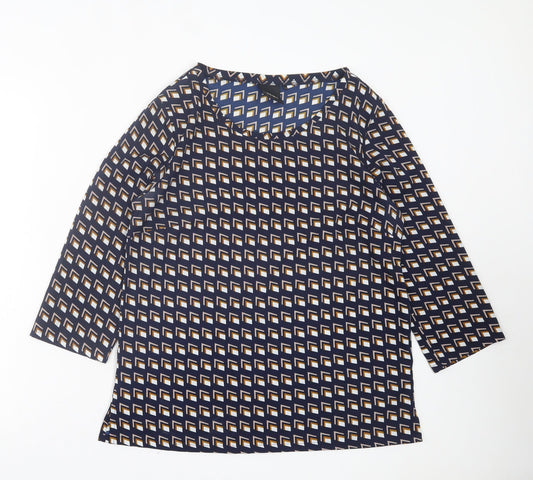 ICHI Womens Blue Geometric Polyester Basic T-Shirt Size 12 Crew Neck