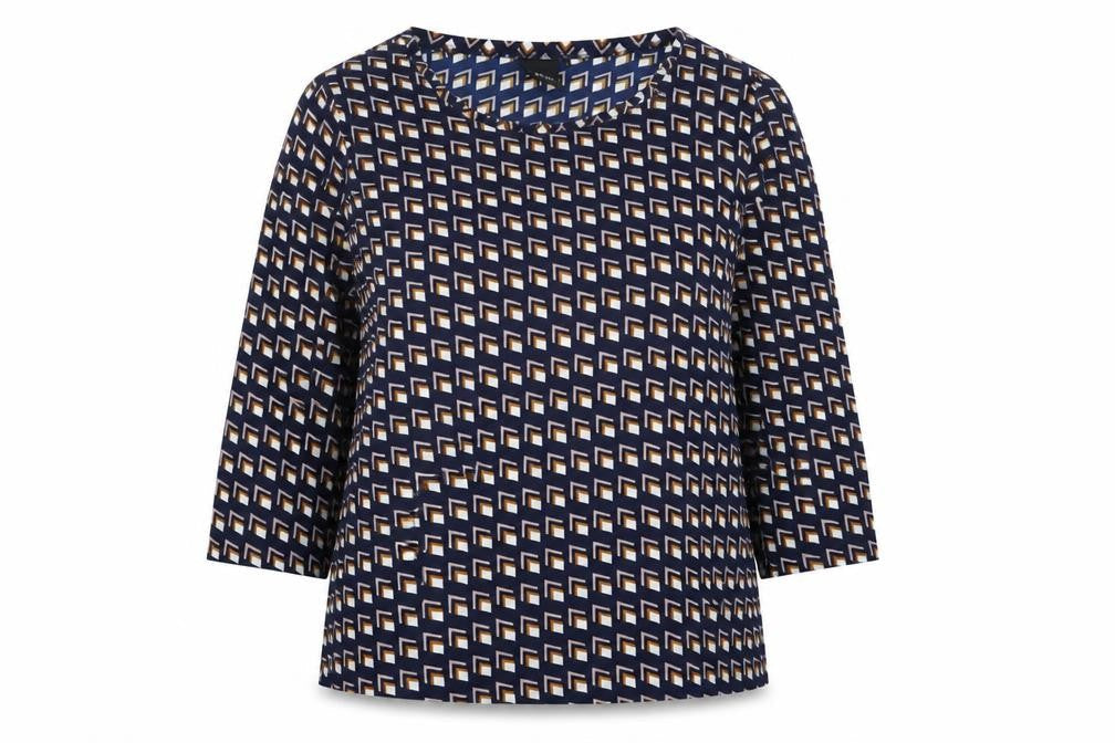 ICHI Womens Blue Geometric Polyester Basic T-Shirt Size 12 Crew Neck