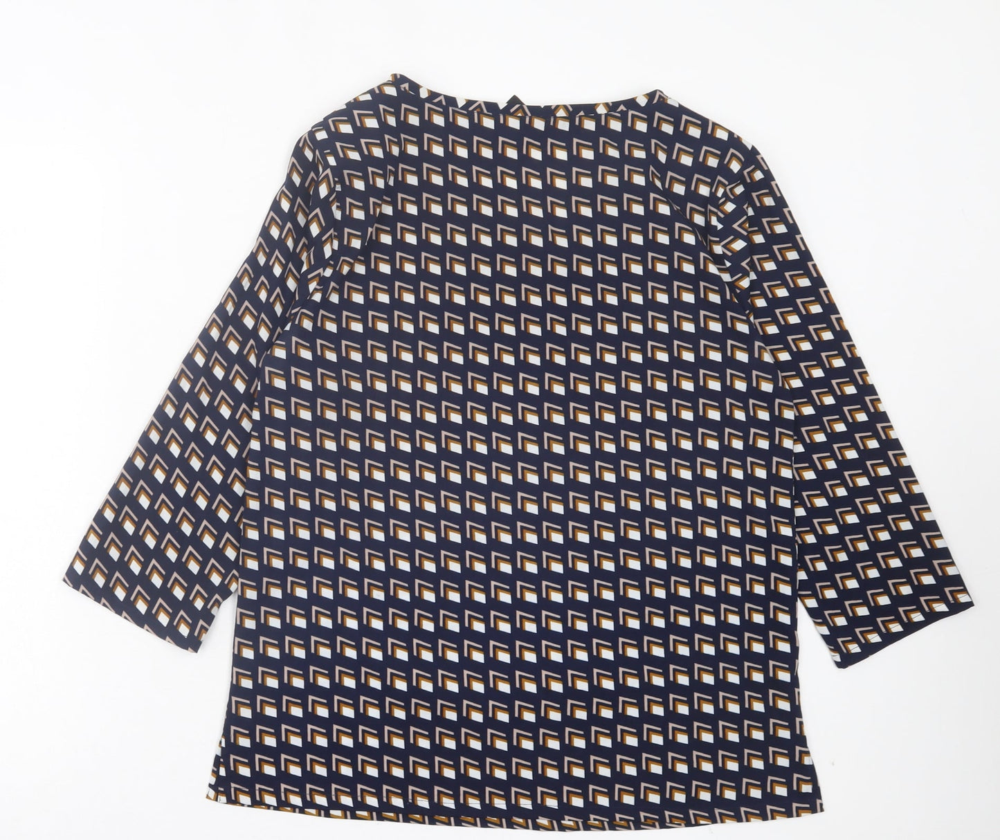 ICHI Womens Blue Geometric Polyester Basic T-Shirt Size 12 Crew Neck