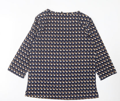 ICHI Womens Blue Geometric Polyester Basic T-Shirt Size 12 Crew Neck