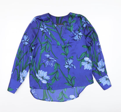 Marks & Spencer Womens Blue Floral Polyester Basic Blouse Size 10 V-Neck