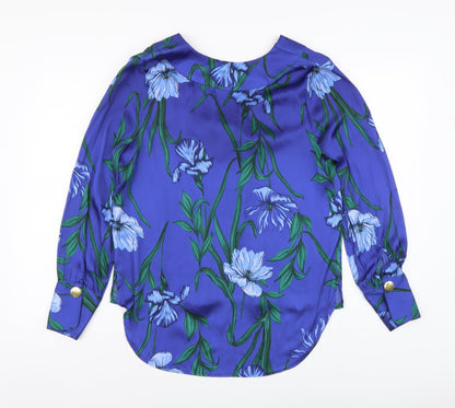 Marks & Spencer Womens Blue Floral Polyester Basic Blouse Size 10 V-Neck