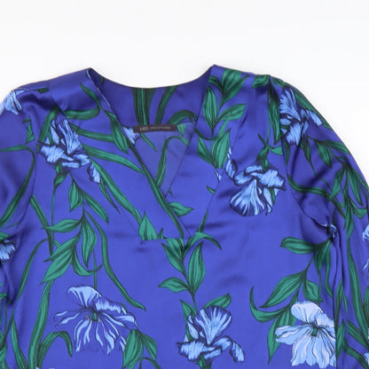 Marks & Spencer Womens Blue Floral Polyester Basic Blouse Size 10 V-Neck