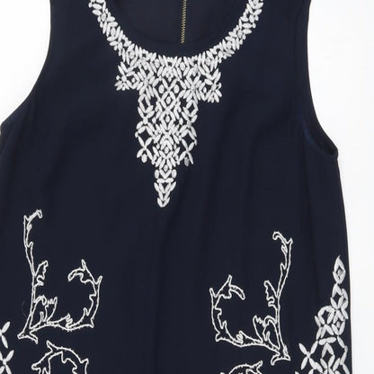 Next Womens Blue Geometric Polyester A-Line Size 10 Scoop Neck Zip
