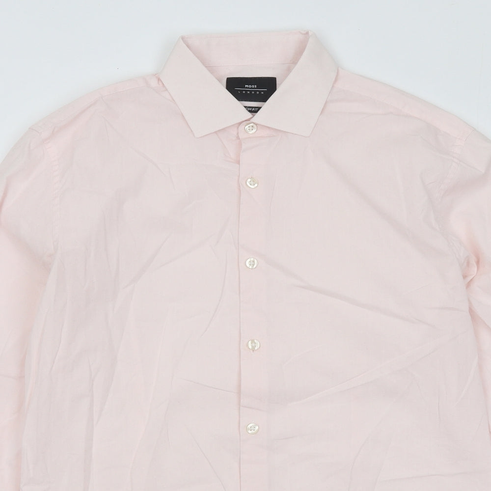 Moss London Mens Pink Geometric Cotton Button-Up Size 15.5 Collared Button