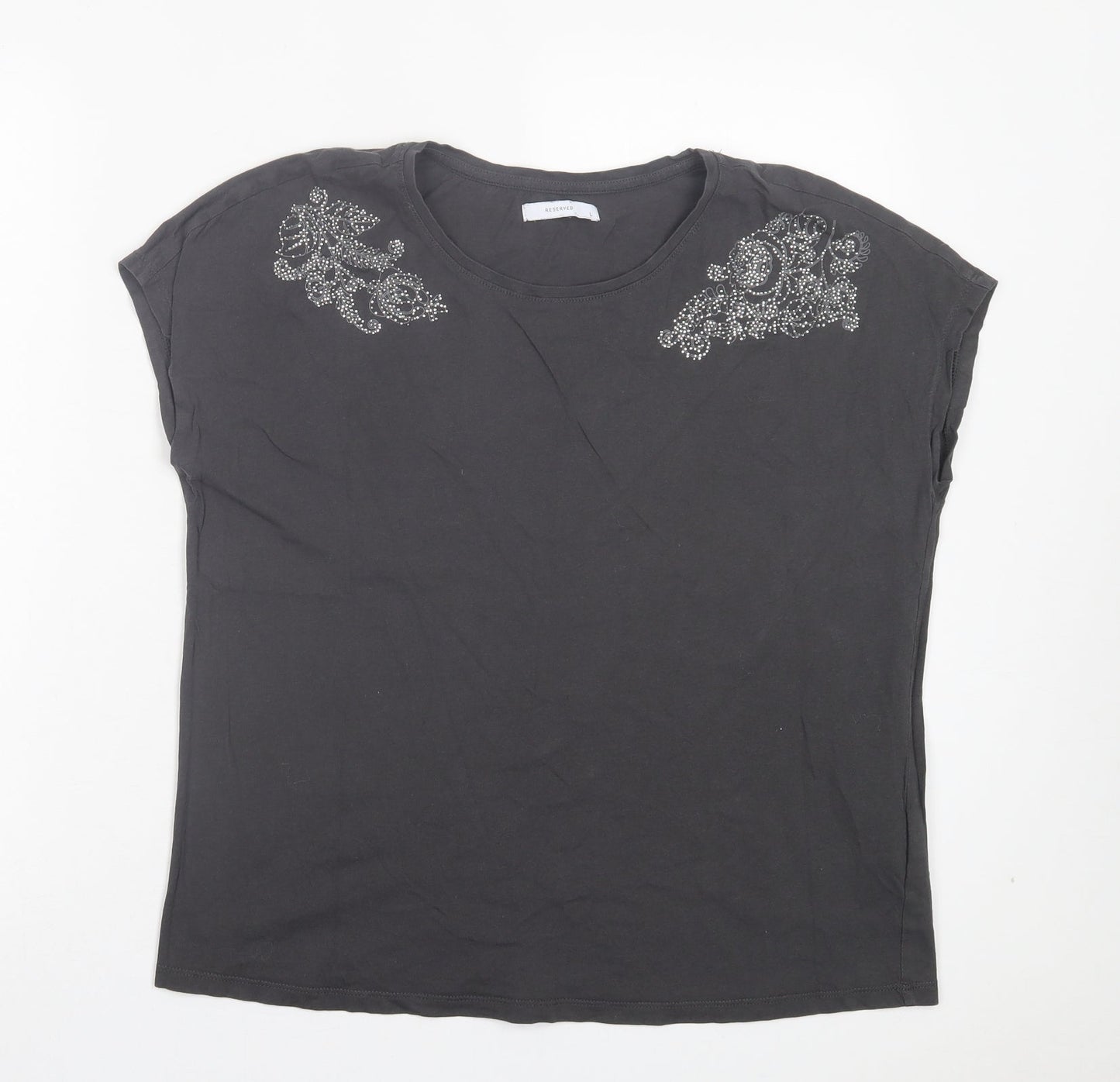 RESERVED Womens Grey Cotton Basic T-Shirt Size L Crew Neck