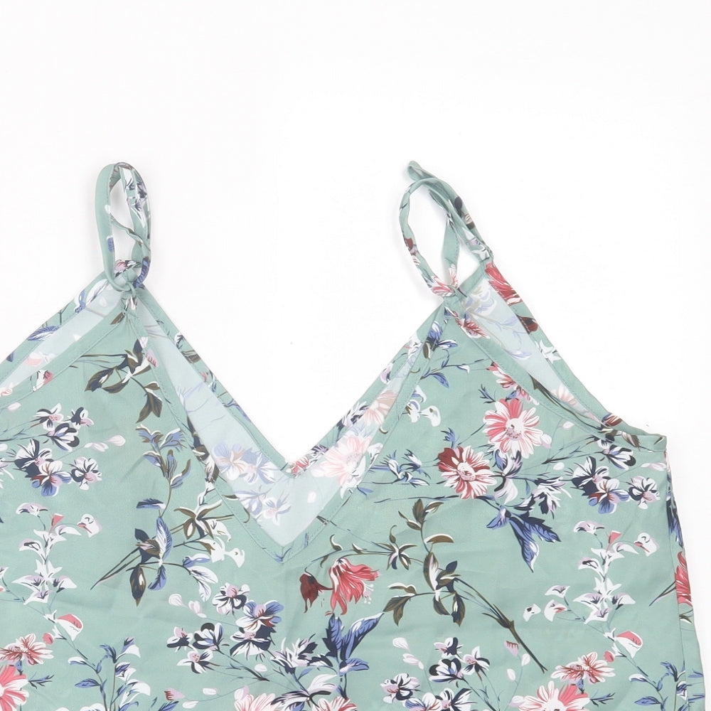 SheIn Womens Green Floral Polyester Basic Tank Size L V-Neck