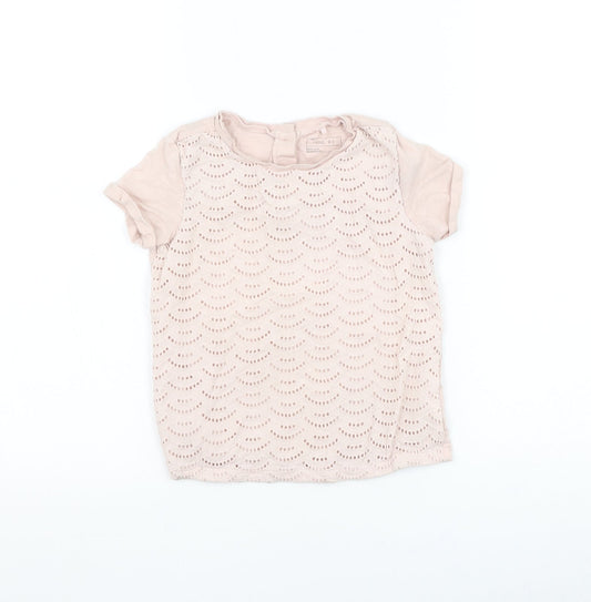 NEXT Girls Pink Geometric Cotton Basic T-Shirt Size 5-6 Years Round Neck Button