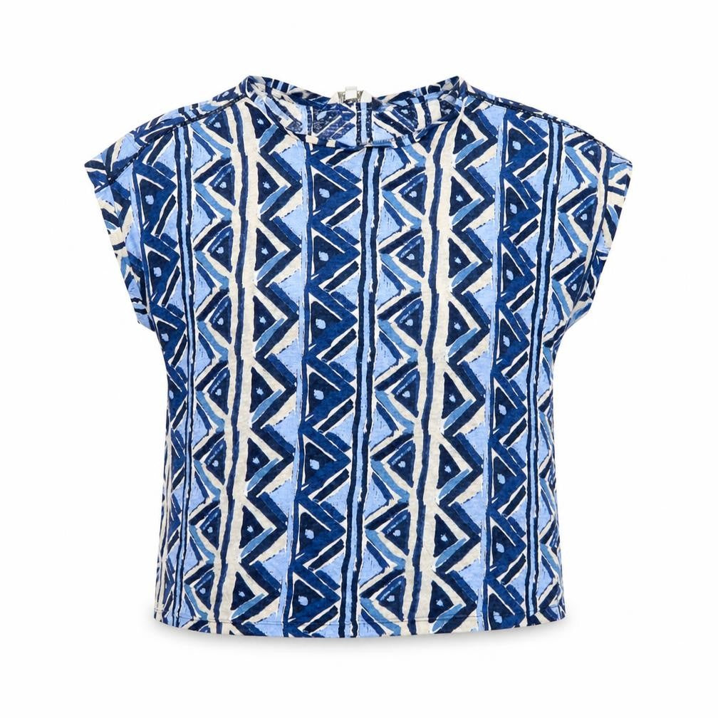 Monsoon Womens Blue Geometric Polyester Basic T-Shirt Size M Round Neck