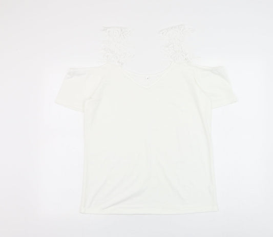 Preworn Womens White Polyester Basic Blouse Size M V-Neck - Crochet Cold Shoulder
