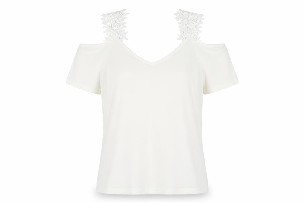 Preworn Womens White Polyester Basic Blouse Size M V-Neck - Crochet Cold Shoulder