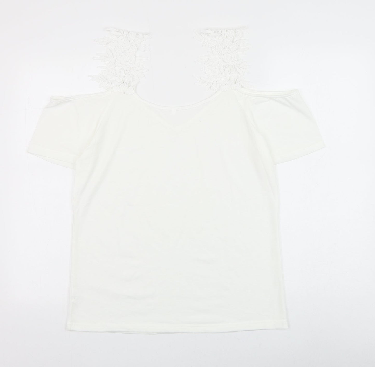 Preworn Womens White Polyester Basic Blouse Size M V-Neck - Crochet Cold Shoulder
