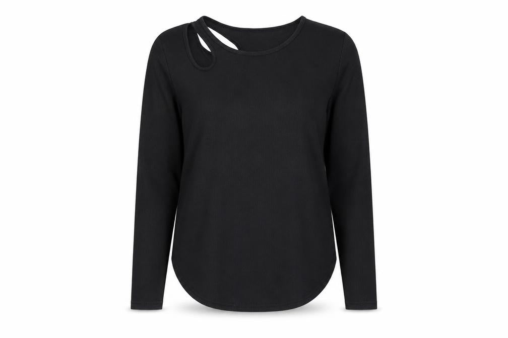 SheIn Womens Black Polyester Basic Blouse Size M Boat Neck - Ribbed Cut Out Shoulder