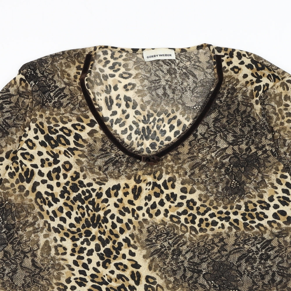 Gerry Weber Womens Brown Animal Print Polyester Basic Blouse Size 14 V-Neck - Lettuce Hem