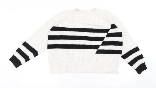 Marks and Spencer Womens White Round Neck Striped Acrylic Pullover Jumper Size M