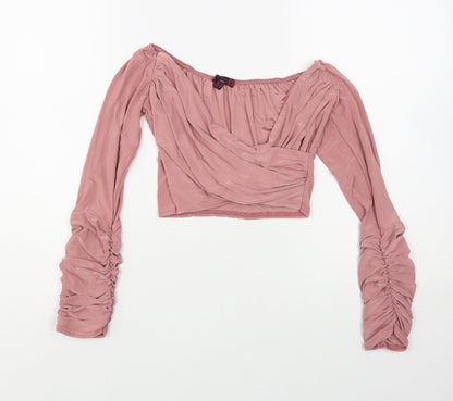 Missi Womens Pink Polyester Cropped Blouse Size 12 V-Neck - Ruched