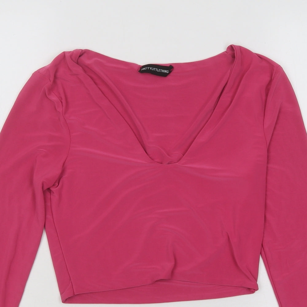 PRETTYLITTLETHING Womens Pink Polyester Cropped T-Shirt Size 8 Scoop Neck