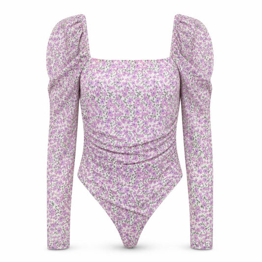 Naanaa Womens Purple Floral Polyester Bodysuit One-Piece Size 8 Button