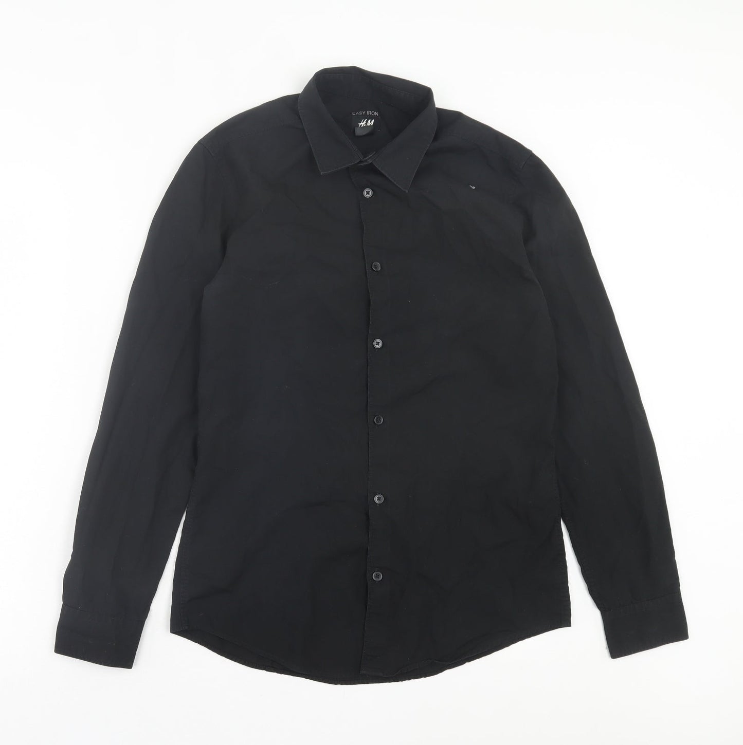 H&M Mens Black Polyester Button-Up Size S Collared Button