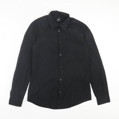 H&M Mens Black Polyester Button-Up Size S Collared Button