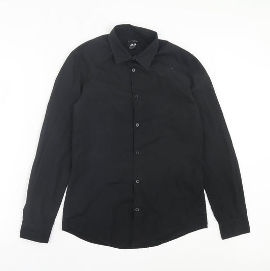 H&M Mens Black Polyester Button-Up Size S Collared Button