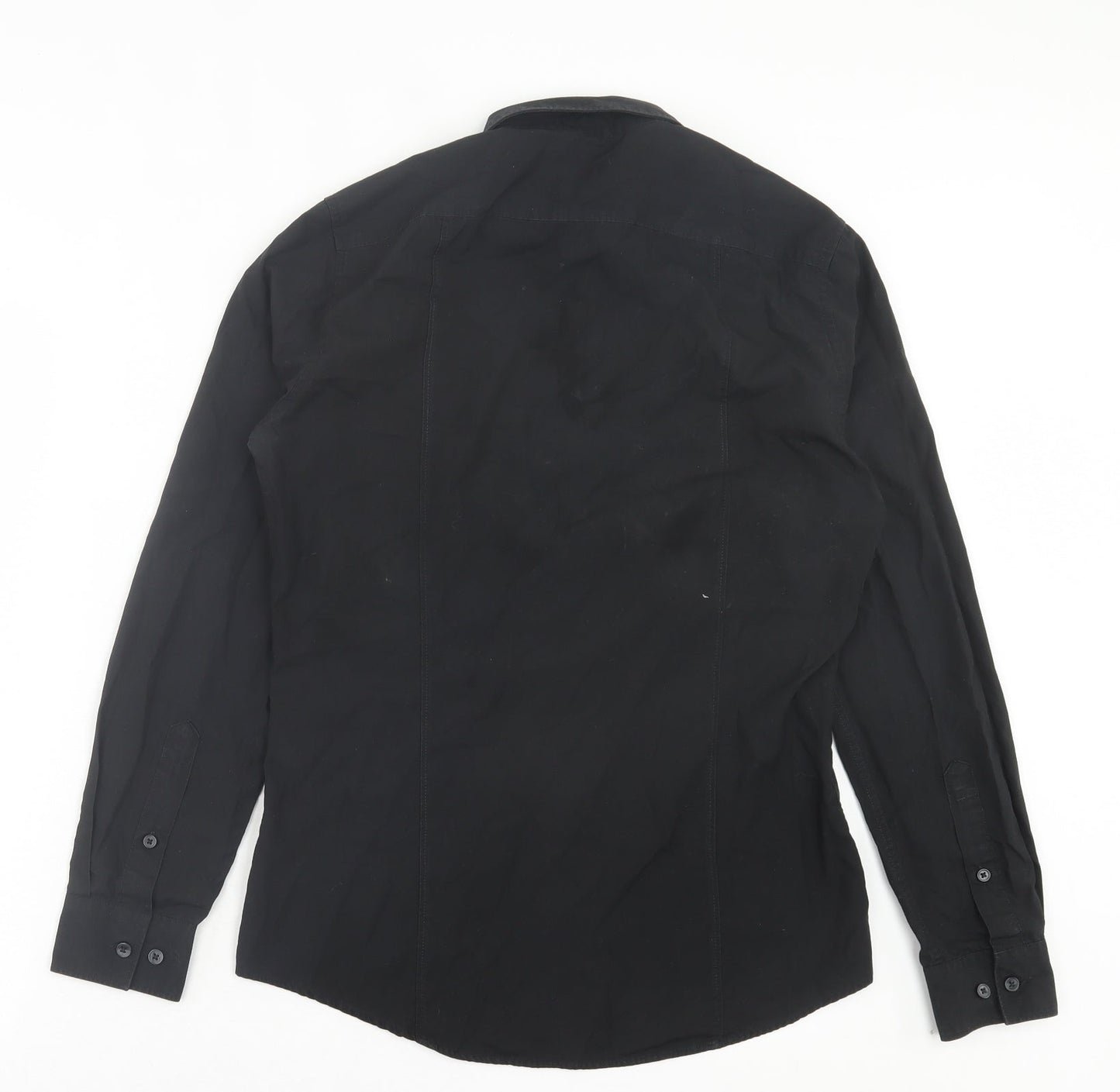 H&M Mens Black Polyester Button-Up Size S Collared Button