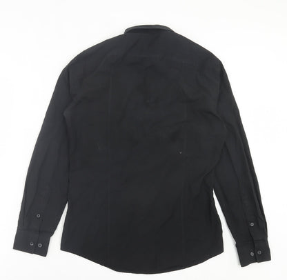H&M Mens Black Polyester Button-Up Size S Collared Button