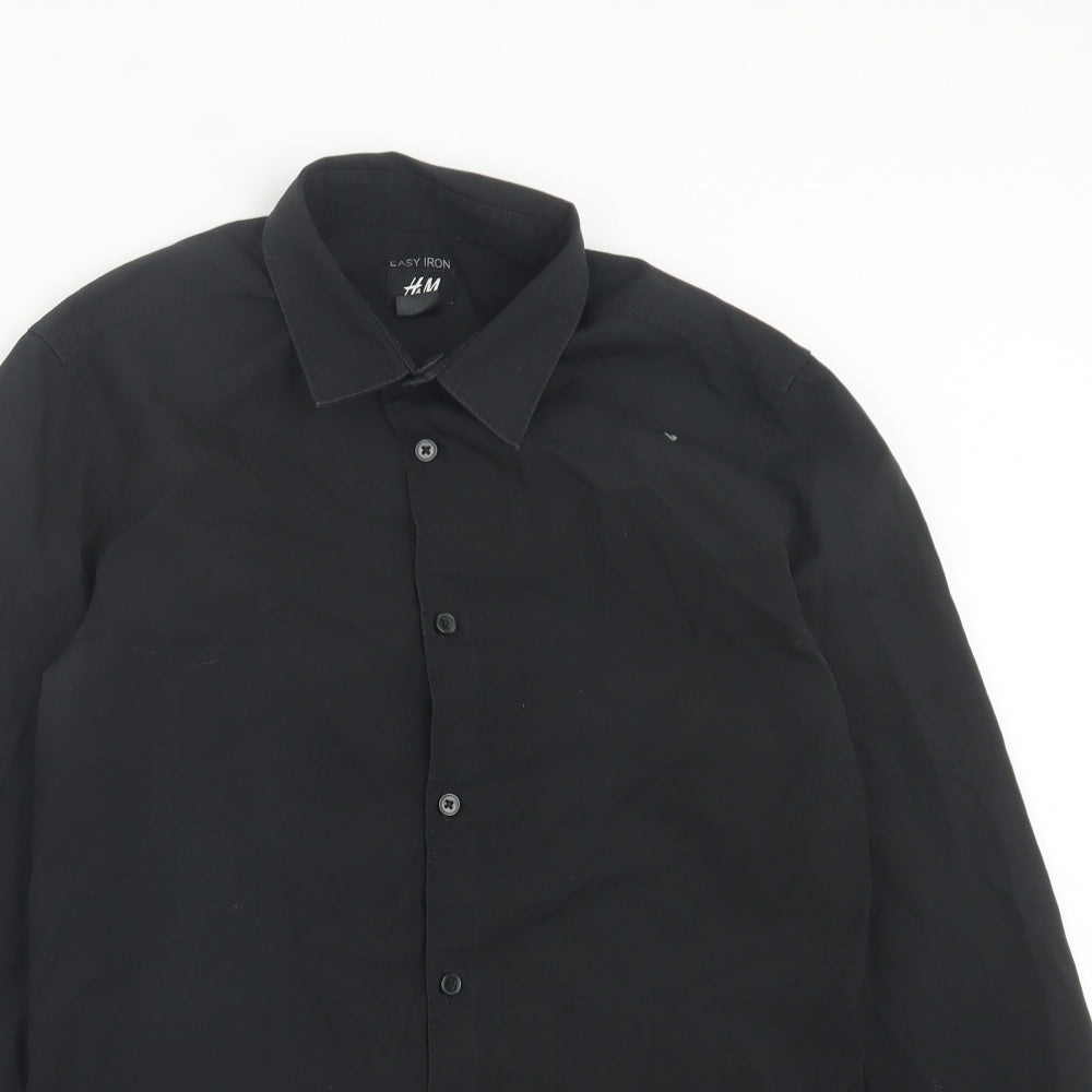 H&M Mens Black Polyester Button-Up Size S Collared Button