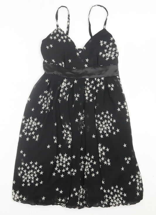 Oli Womens Black Geometric Polyester A-Line Size 10 V-Neck Pullover - Star Pattern