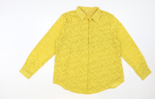 Preworn Womens Yellow Geometric Polyester Basic Button-Up Size L Collared - Textured