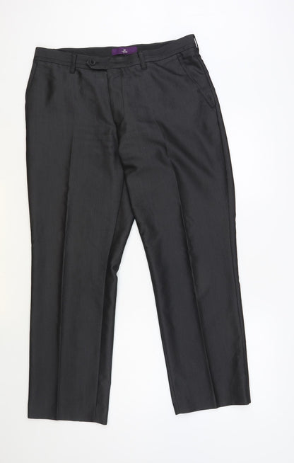 Next Mens Grey Striped Polyester Trousers Size 34 in L29 in Regular Button