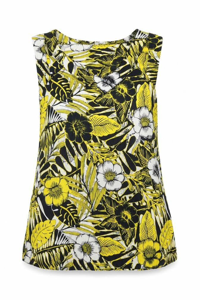 Peacocks Womens Yellow Floral 100% Cotton Tunic Blouse Size 10 V-Neck - V Neck