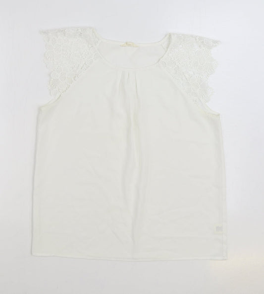 Adiva Womens White Polyester Basic Blouse Size M Round Neck - Lace Sleeves
