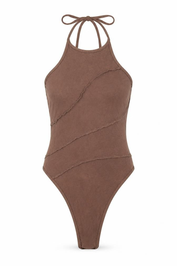 SheIn Womens Brown Viscose Bodysuit One-Piece Size S Snap - Tie Neck