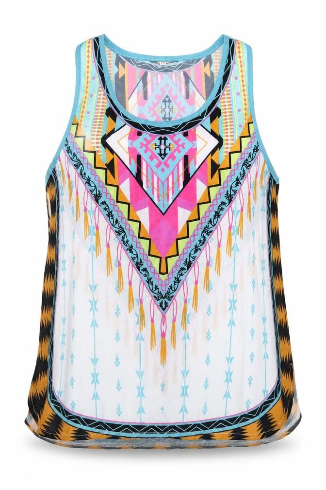 Preworn Womens Multicoloured Geometric Polyester Basic Tank Size XL Scoop Neck