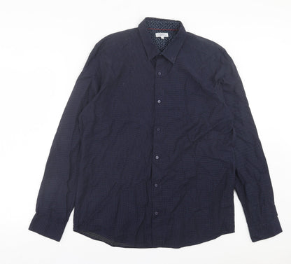 Next Mens Blue Geometric Cotton Button-Up Size L Collared Button