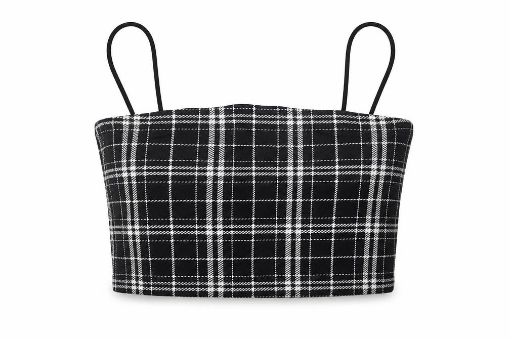 SheIn Womens Black Plaid Polyester Cropped Tank Size S Square Neck