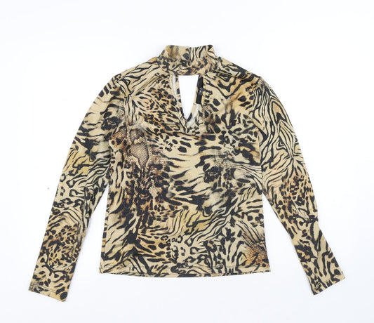 Julien Macdonald Womens Yellow Animal Print Polyester Basic Blouse Size 12 High Neck - Leopard Print