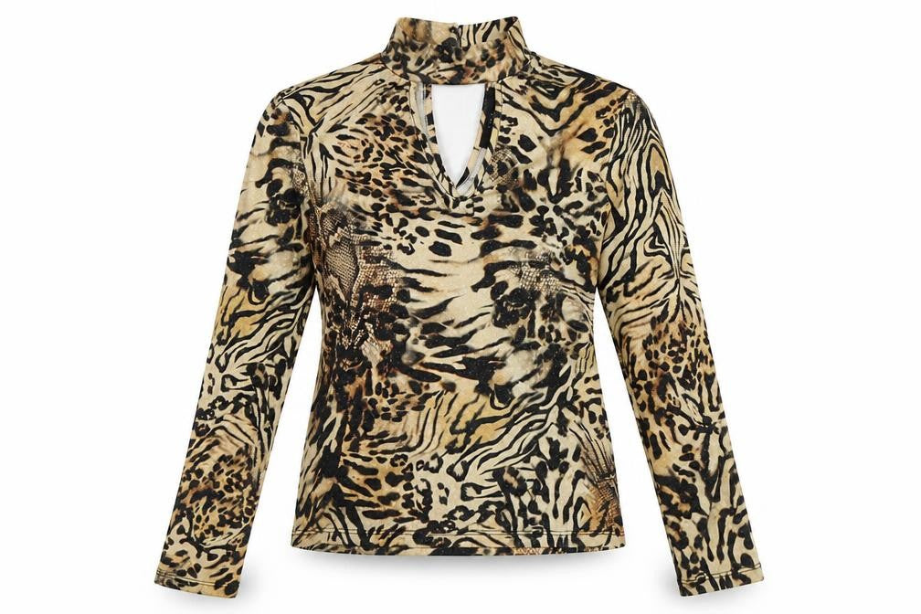 Julien Macdonald Womens Yellow Animal Print Polyester Basic Blouse Size 12 High Neck - Leopard Print