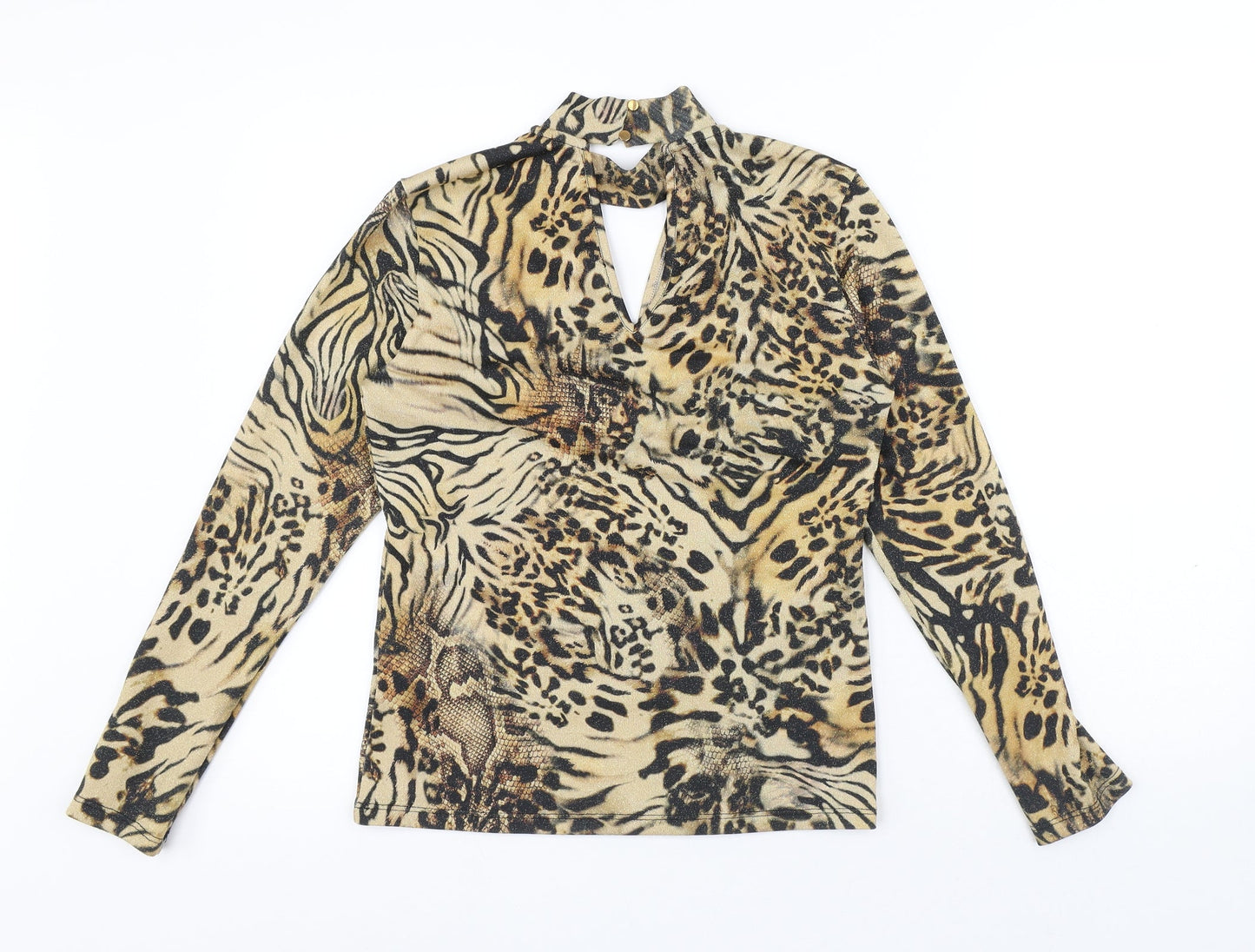 Julien Macdonald Womens Yellow Animal Print Polyester Basic Blouse Size 12 High Neck - Leopard Print